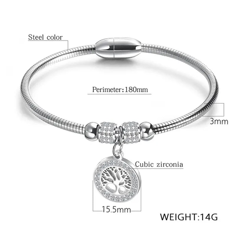 Gold Plated Tree of Life Bangle Bracelet Women Stainless Steel Family Tree Charm Bracelets with AAA Rhinestones & Magnetic Buckle