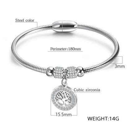 Gold Plated  Tree of Life Bangle Bracelet Women Stainless Steel Family Tree Charm Bracelets with AAA Rhinestones & Magnetic Buckle