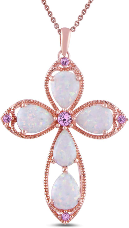 Womens 14K Rose Gold over Sterling Silver Created Opal with Created Pink Sapphire Cross Pendant Necklace, 18", (Previously Amazon Collection)