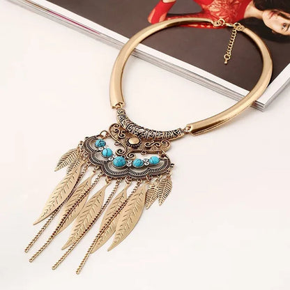 Bohemian Gypsy Ethnic Choker Collar Vintage Leaf Tassel  Maxi Statement Pendant Necklace Jewelry