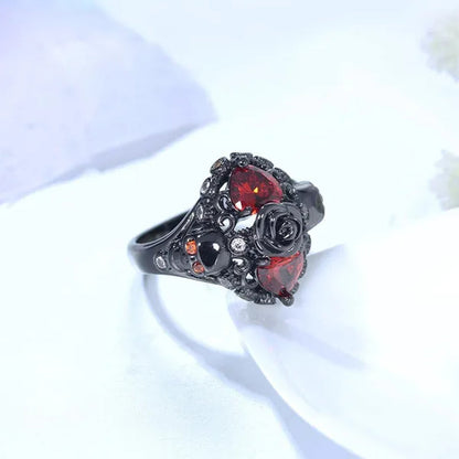 New Hip Hop Accessories Black Rose Skull Ring Female Fashion Personality Heart Red Zircon Skull Ring Creative Fashion Jewelry Punk Ring