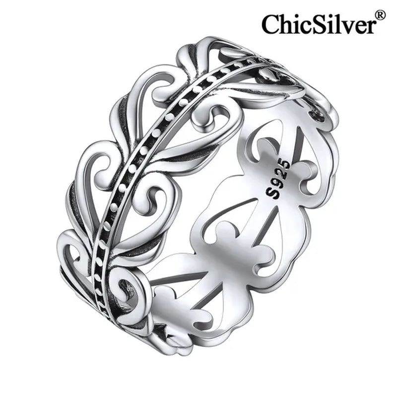 ChicSilver 925 Sterling Silver Filigree Vine Leaf Ring 8mm Retro Celtic Knot Eternity Ring Wedding Band for Women