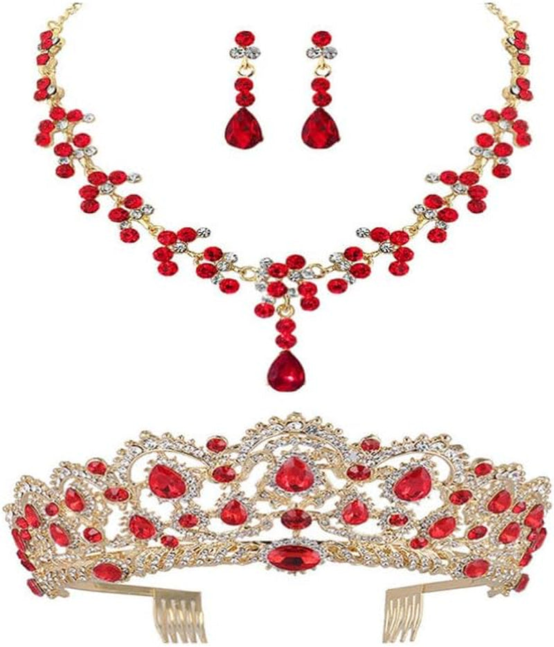 Wedding Tiaras and Earrings Set, Tiara and Necklace Set, Wedding Bridal Flower Jewelry Set Baroque Tiara Crystal Crown with Comb Retro Rhinestone Necklace Earrings Bridesmaids Queen Costume for Prom Party