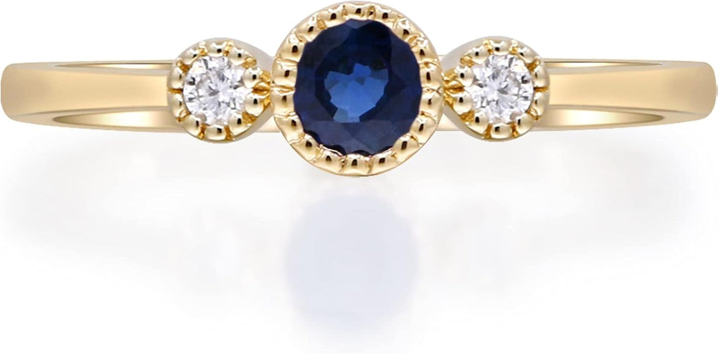 Gin and Grace 10K Yellow Gold Genuine Blue Sapphire Ring with Diamonds|Ethically, Authentically & Organically Sourced (Round-Cut) Shaped Sapphire Hand-Crafted Jewelry for Her | Sapphire Ring for Women Holiday Gifts