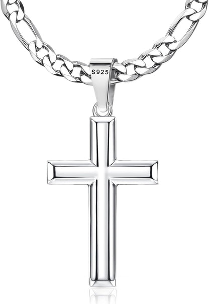 925 Sterling Silver Cross Necklace for Men Women - 5Mm Durable 316L Stainless Steel Figaro Link Chain with Beveled Edge Cross Pendant, Silver Crucifix Necklaces Jewelry, 16-30'' Christian Baptism Gift