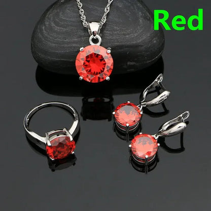 White Topaz 925 Sterling Silver Jewelry Ring Pendant Chain Earrings Set Classic Wedding Jewelry for Women Bride 3pcs