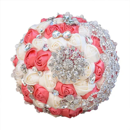 18CM Luxury Crystal Brooch Bride Bouquet Holding Flower Ribbon Lace Wedding Bouquet Artificial Simulation Rose Wedding Flower Bridesmaid Bouquet