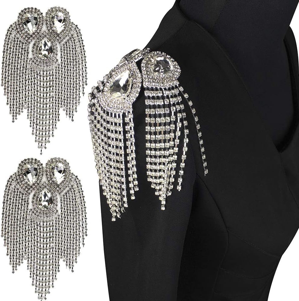 2 Pieces Beaded Diamond Waterdrop Design Patches Crystal Fringe Tassel Rhinestones Shoulder Badges Brooches
