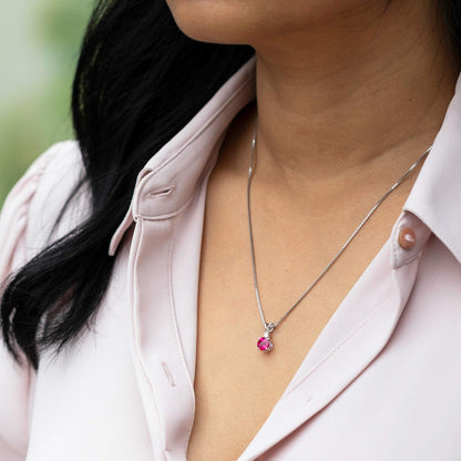 14K White Gold Created Ruby with Genuine Diamond Pendant, Elegant Solitaire, round Shape, 6.50Mm, 1.35 Carats Total, Sparkling V-Day Gift, Valentine'S Gift for Her, Wife, Sister