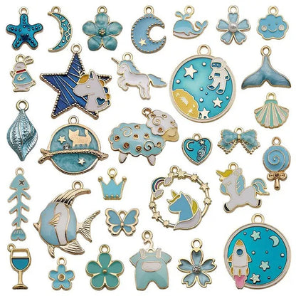 30Pcs Mixed Pattern Pink Drop Oil Fish Flower Horse Enamel Charm DIY Jewelry Bracelet Necklace Pendant Gold Tone Float Finding
