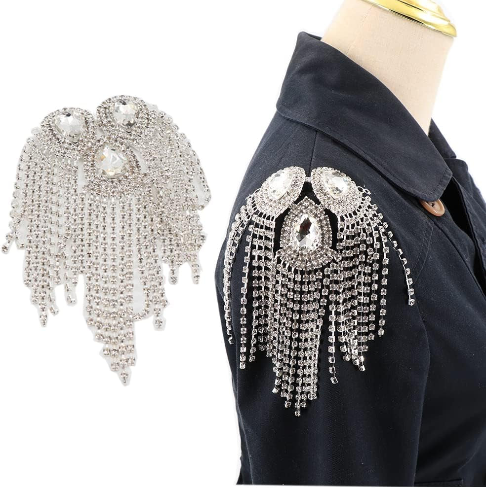 Crystal Fringe Shoulder Epaulette Rhinestones Appliques Stitch Patches for DIY Women Fashion Accessories 2Pcs/Pack
