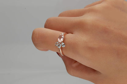 Gin and Grace 10K Rose Gold Genuine Aquamarine & Genuine Morganite Ring with Diamonds for Women | Ethically, Authentically & Organically Sourced (Oval & Pear) Shaped Aquamarine Hand-Crafted Jewelry for Her | Aquamarine Ring for Women