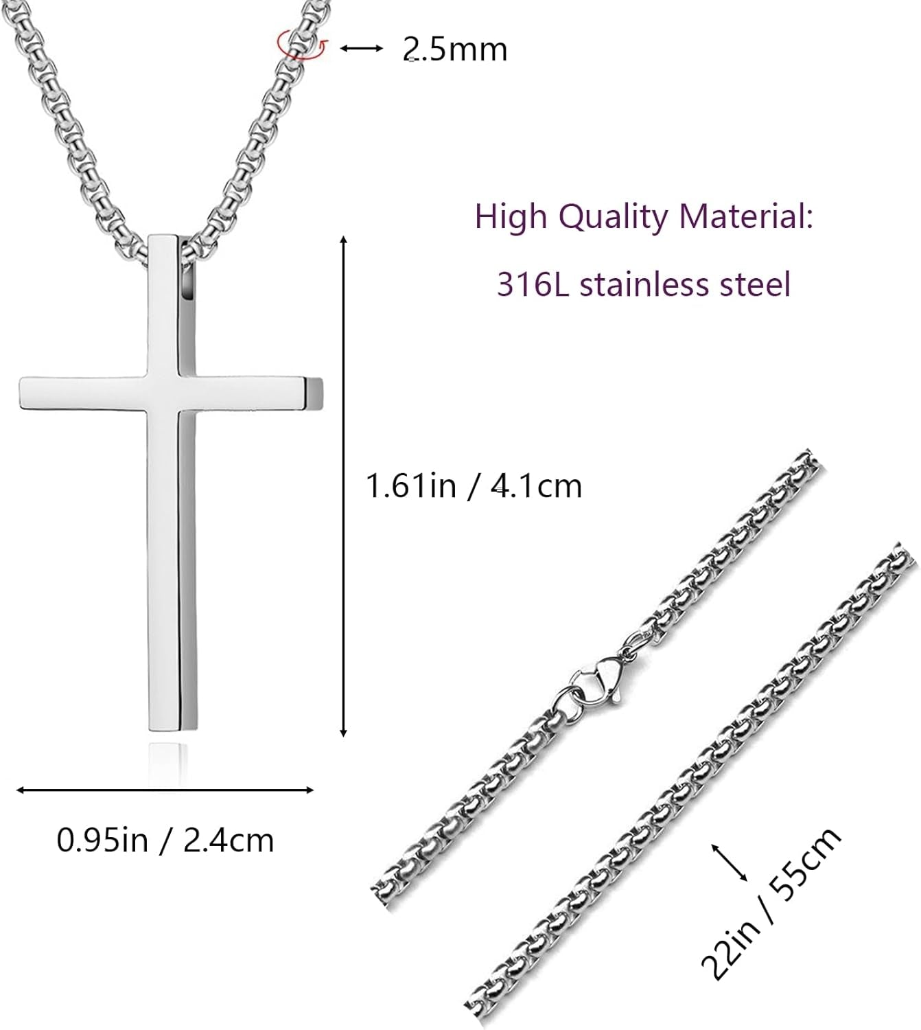 Cross Necklace for Men, Silver Cross Stainless Steel Pendant Necklace, Mens Cross Chain