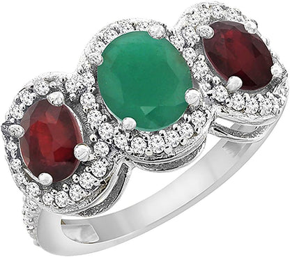 14K White Gold Natural Cabochon Emerald & Enhanced Ruby 3-Stone Ring Oval Diamond Accent, Sizes 5-10