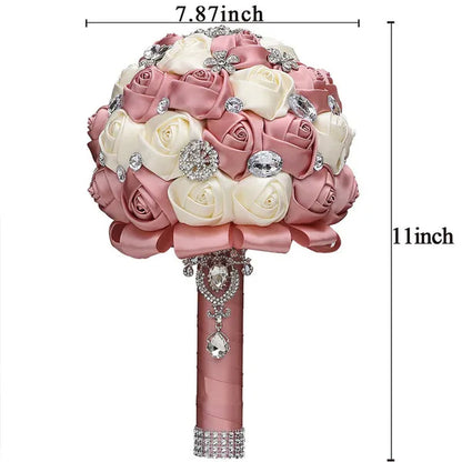 20CM Satin Ribbon Rhinestone Simulation Flowers Bridal Bouquet Handmade Diamond Brooch Wedding Bouquet Bridesmaid Holding Flowers