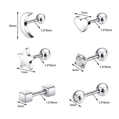 6 Pairs 5 Colors Stainless Steel Tiny Stud Earrings for Women Girls Heart Moon Star Crystal CZ Earrings Cartilage Helix Ear Piercing Set