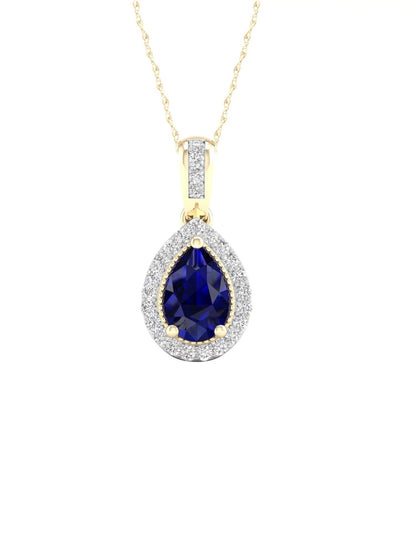 Gemstone 10K Yellow Gold Blue Sapphire 1/10 CT TW Diamond Halo Necklace