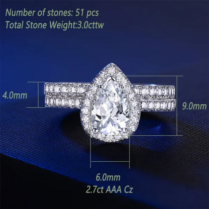Newshe Halo Pear Shape Solid 925 Sterling Silver Wedding Engagement Rings For Women Water Drop AAAAA  Bridal Set Sz 4-13