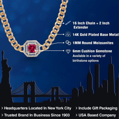 14K Yellow Gold Plated Gemstone Birthstone and White Moissanite Necklace | Cuban Curb Link Chain Pendant Necklace for Women | Cushion 6MM | 16 Inch Chain + 2 Inch Extender