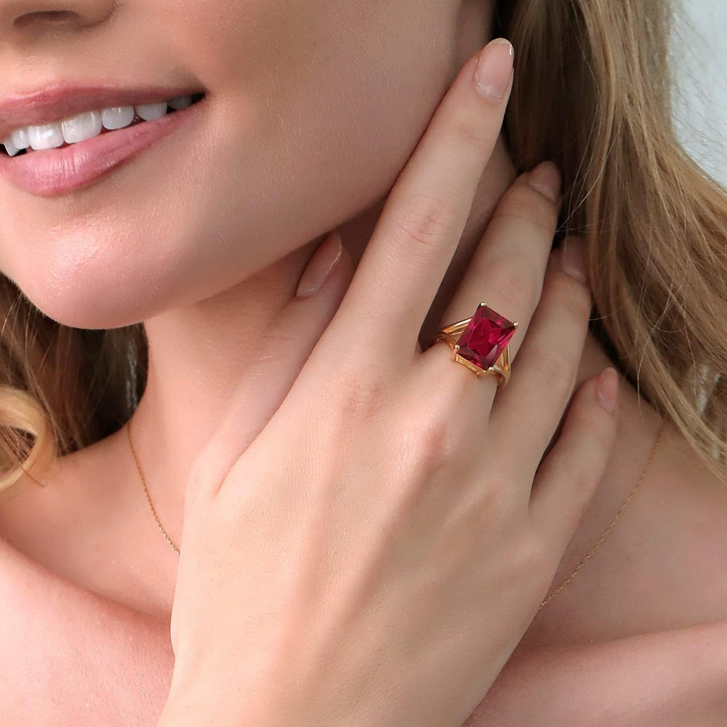 18K Yellow Gold Plated Silver Emerald Cut Created Ruby Solitaire Ring for Women (8.00 Cttw Available in Size 5, 6, 7, 8, 9)