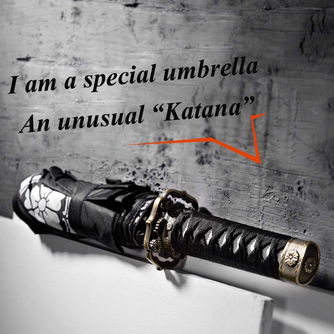 Samurai Katana Master Sword Hilt Handle Folding Umbrella Anime Portable Travel Japanese Ninja Compact Umbrellas Windproof, Black Glue anti UV, Business Birthday Gift for Men