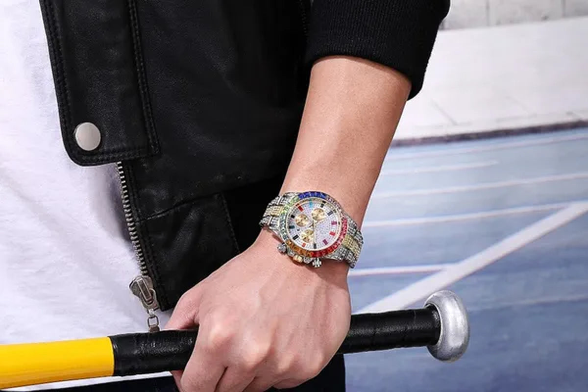 Men Watch Luxury Brand Mens Gold Men Watch Quartz Clock Chronograph Colorful Diamond Steel Iced Out Watch Reloj Hombre