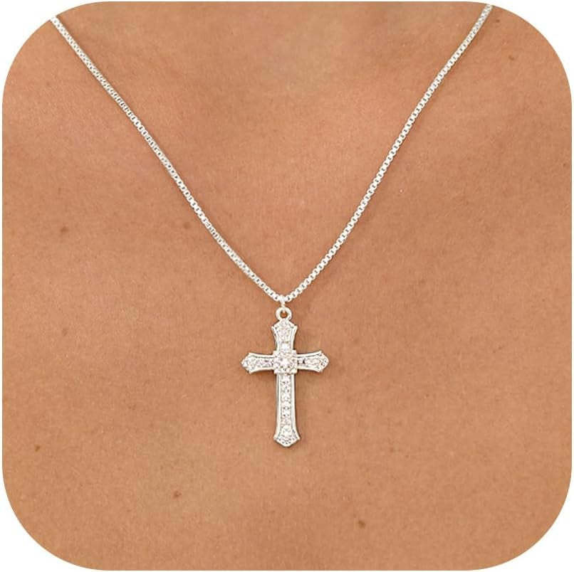 Cross Necklace for Women - 14K Gold/White Gold Plated Simple Dainty Diamond Cross Pendant Necklace with Cubic Zirconia Jewelry Gift for Her
