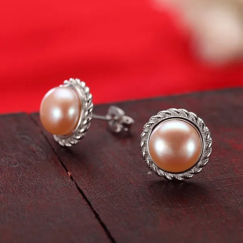 Real 925 Sterling Silver with 8-9mm Pink Freshwater Cultured Pearl Stud Earring Women Party Gifts Fine Jewelry FEIGE