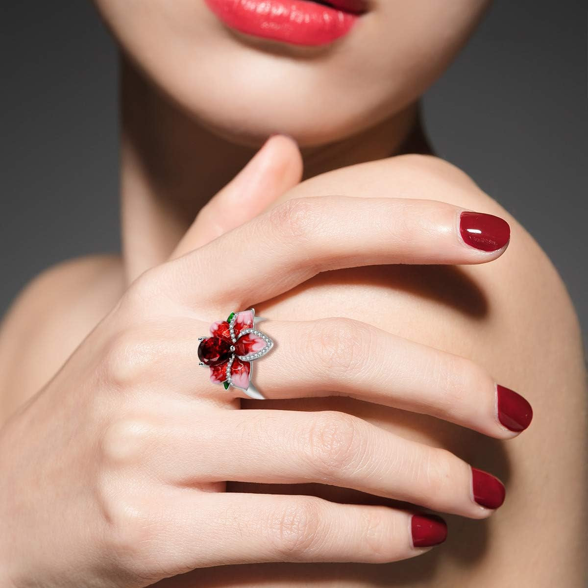 Beautiful Red Enamel Rose Ring for Women Blossom Flower Rings with Pear Cut Cubic Zirconia Cocktail Summer Ring RA627