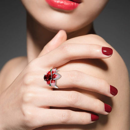 Girl'S Beautiful Red Enamel Rose Ring for Women Blossom Flower Rings with Pear Cut Cubic Zirconia Cocktail Summer Ring RA627