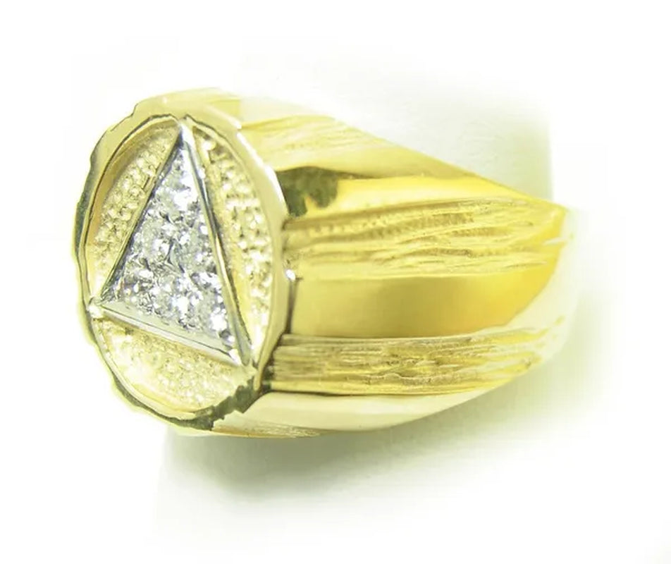 Style #607-8, 14K Gold, AA Symbol Mens Signet Style Ring with 6-25Pt. Diamonds in the Center of the Triangle