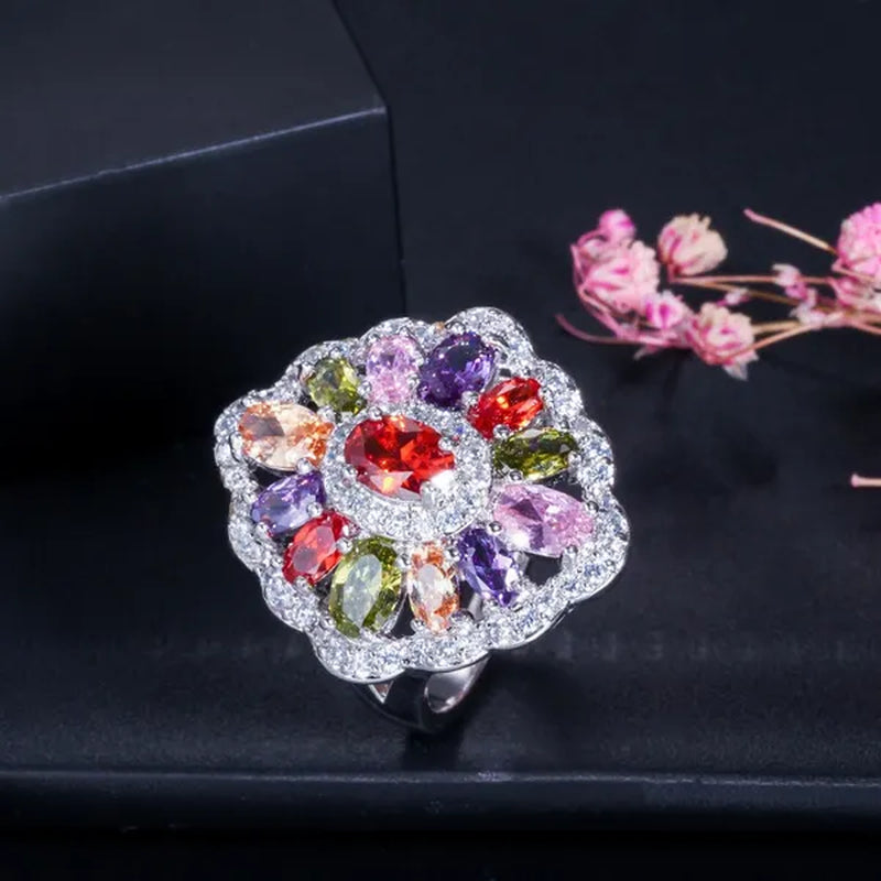 Gloriya Fashion Summer Silver Plated Engagement Party Ring Jewelry Inlaid Exquisite Multi Cut Green Red Purple Color CZ Crystal Big Wedding Band for Women