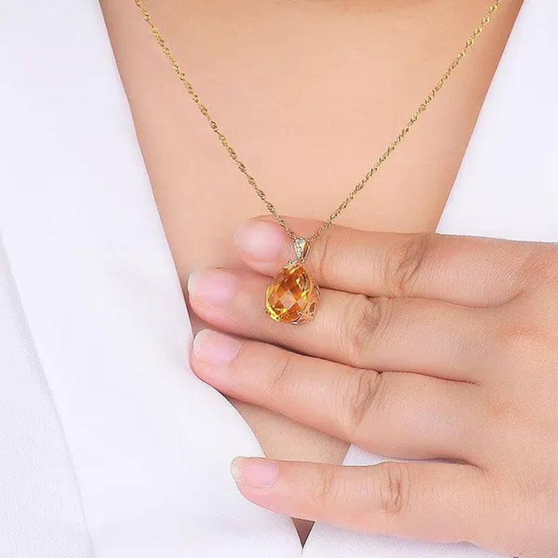 Simple 18K Golden Plated Copper Oval Citrine Jewelry Set Pendant Necklace Four Prong Adjustable Open Ring Micro Inlaid Cubic Zirconia Stud Earrings Flower Zircon Bracelet for Women Gifts Accessories