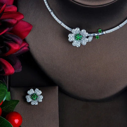 CANDICE Romantic 3D Flower Design Full Micro Pave Tiny CZ and Yellow 18K White Gold Plated Choker Necklace Earrings Set for Women Stylish Prom Party Jewelry