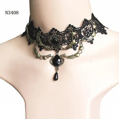 Black Lace Necklace Chokers Vintage Style Female Gothic Wedding Red Rose Crystal Diamond Pendant Collarbone Necklaces Chain Accessories for Women Girls