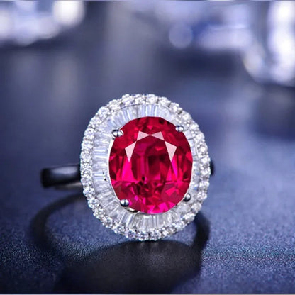 Huge  Silver Ruby & White Sapphire Birthstone Gemstones Engagement Wedding Anniversary Flower Ring
