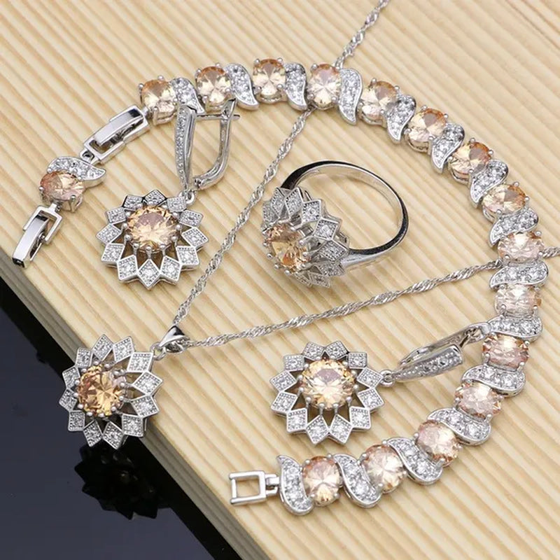 Flower 925 Sterling Silver Jewelry Sets Champagne Topaz Wedding Women Earrings/Pendant/Necklace/Ring/Bracelets