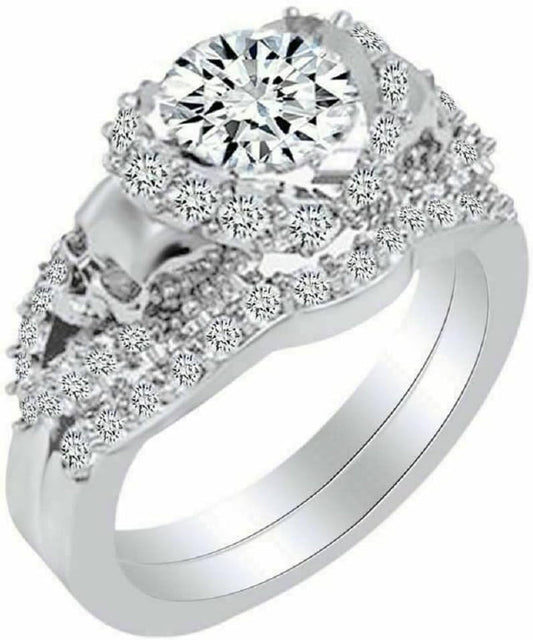 round Cut White Diamond 925 Sterling Silver 14K White Gold over Diamond Halo 2 Skull Wedding Band Bridal Ring Set for Women