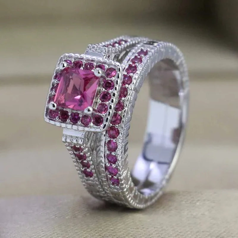 Sz6-9 10KT White Filled Princess cut 5mm Red CZ Ruby Womens Wedding Ring Bridal Sets