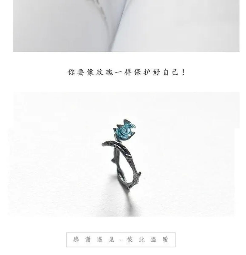 Black Rose Bud Creative Lovers Silver Ring and Ring Thorn Personality Opening Lovers Ring Couple Ring