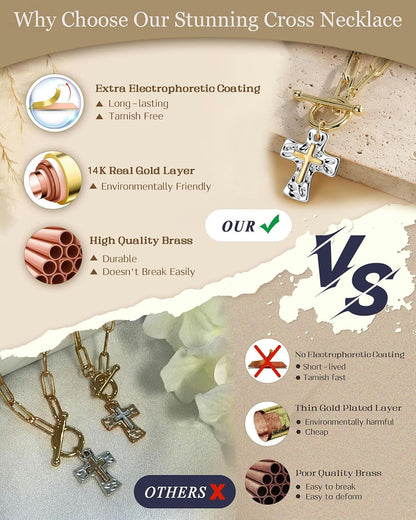 Chunky Cross Necklace for Women, 14K Gold/Silver Plated Statement Paperclip Chain Double Cross Pendant Necklaces Non Tarnish for Faith Religious Christian Jewelry Gifts