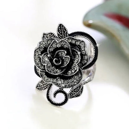 US/UK Trendy Women Retro Rose Flower Ring Black Crystal Vantige Big Flower Rings Jewelry Gift