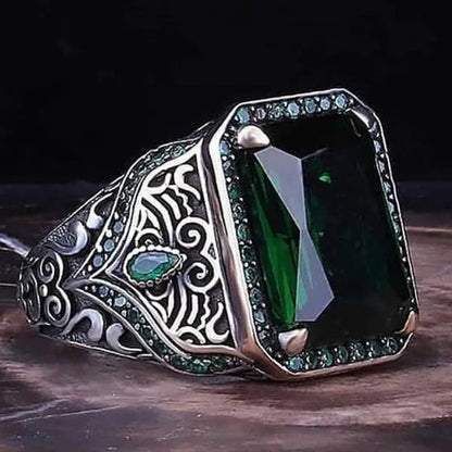 Ring Men's Retro Ethnic Texture Inlaid Large Grain Sapphire, Ruby, Black Gem, Emerald Ring, Domineering Fashion Jewelry Accessories, Father's Day Boyfriend Memorial Day Gift, Party Business Casual Jewelry