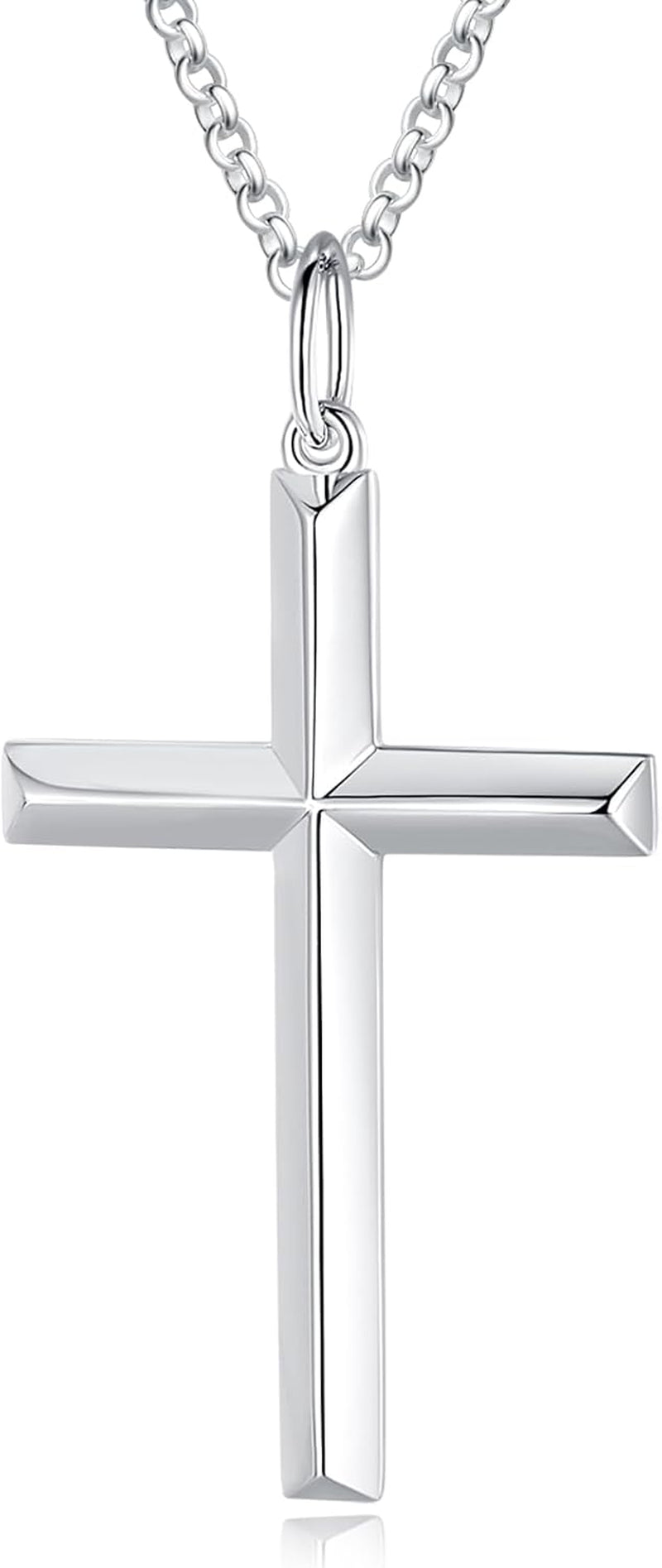 White Gold Plated 925 Solid Sterling Silver High Polished Heavy-Duty Cross Crucifix Pendant Necklace Fine Jewelry Gifts for Him Men Father, Rolo Chain Length 24 INCH/ 60CM