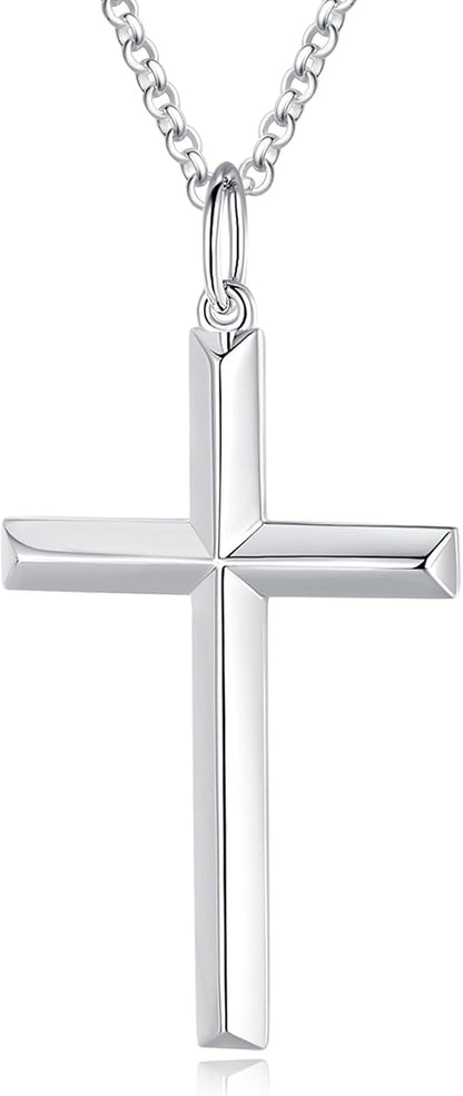 White Gold Plated 925 Solid Sterling Silver High Polished Heavy-Duty Cross Crucifix Pendant Necklace Fine Jewelry Gifts for Him Men Father, Rolo Chain Length 24 INCH/ 60CM