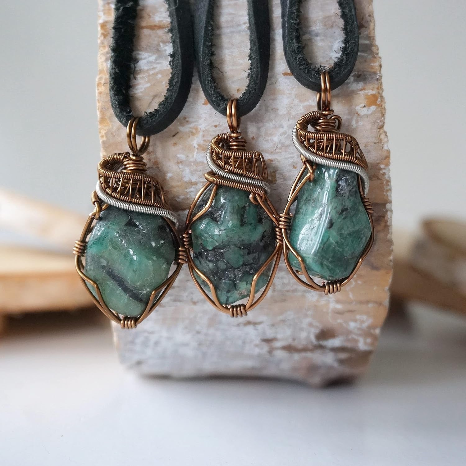 NEW  Handmade Emerald Necklace 24 Inch Black Leather Cord Antique Bronze, May Birthstone Jewelry, Handmade in North America