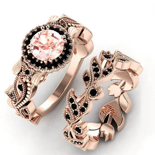 2 Pieces/set of Exquisite Fashion Ideas flowers Ring Black Zircon Ring Flower Vine Ladies Ring Jewelry  Wedding Ring Princess Proposal Ring Anniversary Gift (size: 5-11)