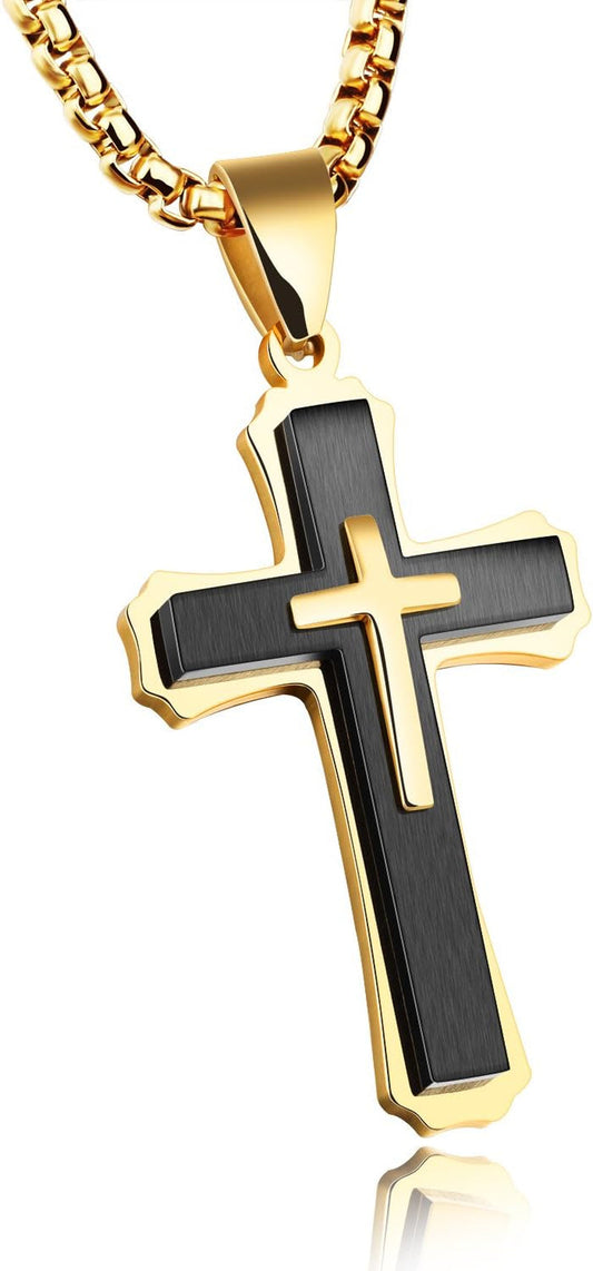 Classic Cross Necklace for Men Simple Cross Silver Black Gold Stainless Steel Christ Crucifix Pendant Necklace Religious Jewelry Gift Box Chain 21.6 Inches