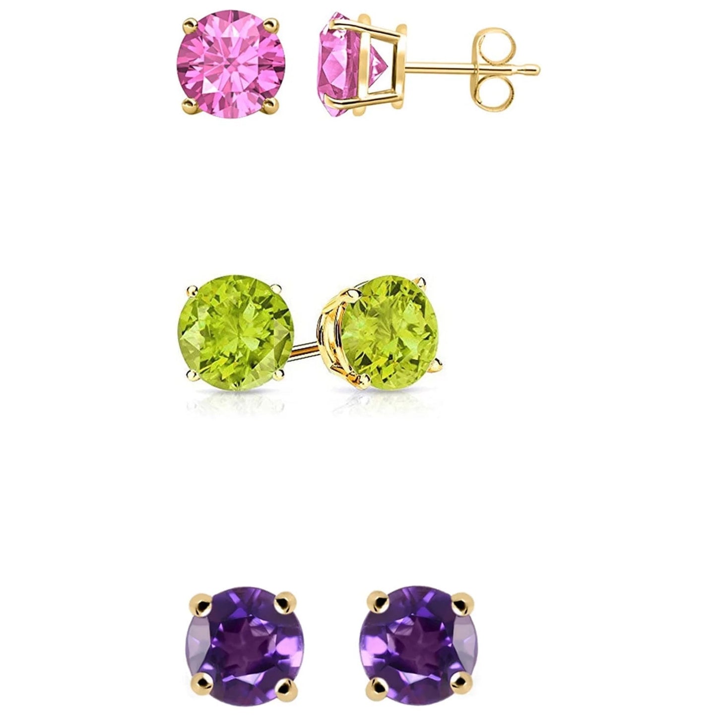 Men|Women 14K Yellow Gold Plated 3Ct Created Pink Sapphire, Peridot and Amethyst 3 Pair round Stud Earrings