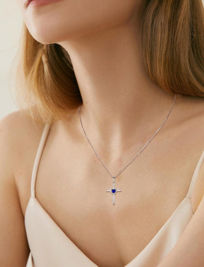 Cross Necklace 925 Sterling Silver Crucifix Pendant Heart Birthstone Religious Jewelry for Women
